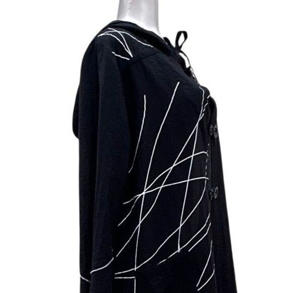 Tusso Hooded Duster Style Robe Women's Large Black White Open Front Abstract - Picture 4 of 11